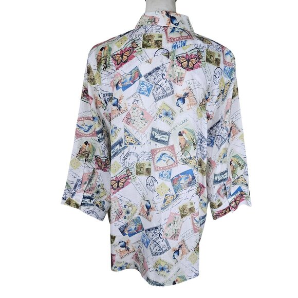 Chicos No-Iron Linen Button Up Shirt XL Postcard Print Coastal Artsy Travel - Picture 3 of 12